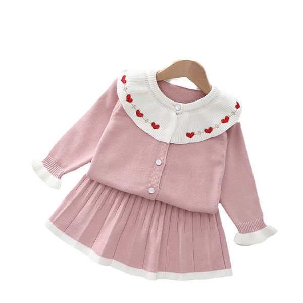 

girls sweater sets kids clothing baby clothes outfits autumn winter long sleeve knitting patterns cardigan coat pleated skirts princess suit, Blue