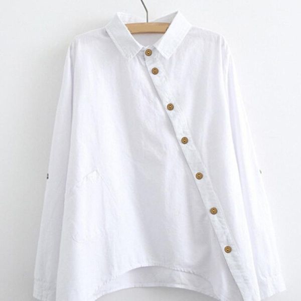

women's blouses & shirts women solid color fashion turn-down collar pockets long sleeve casual loose plus size roupas feminina, White