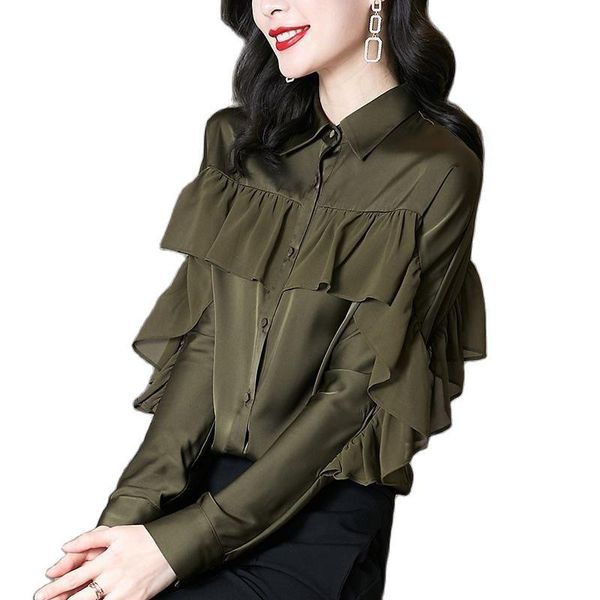 

women's blouses & shirts women spring summer style lady casual long sleeve stand collar ruffles decor blusas df4094, White