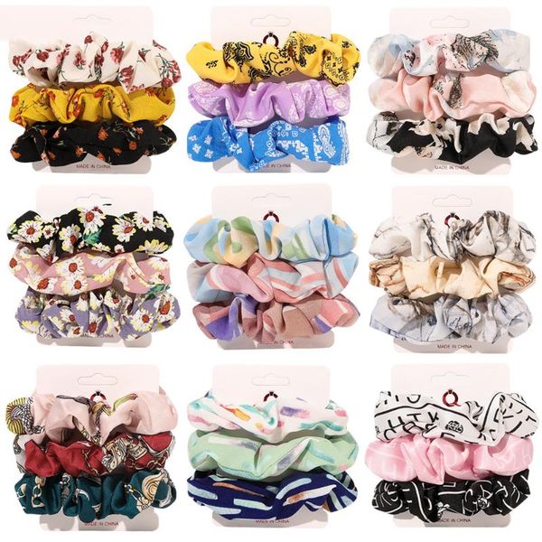 

hair accessories 3pcs/set woman chiffon scrunchie set printed ties girl rubber band women ponytail holders lady headwear, Slivery;white