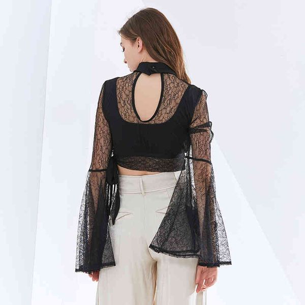 

hoodie perspective shirts for women stand collar flare long sleeve patchwork lace designer short blouses female 2021 tide, Black