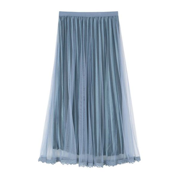 

skirts 2021 autumn arrival lace edge super fairy long for women elegant yarn splicing velvet pleated skirt, Black