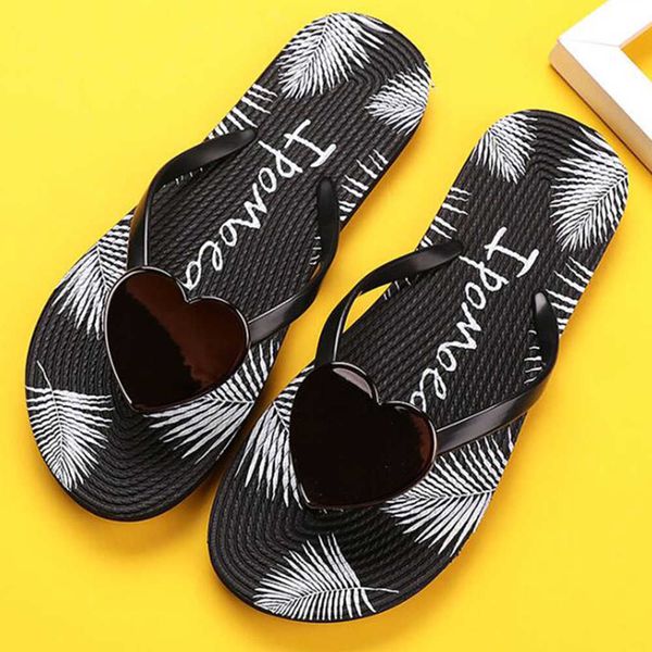 

summer women slippers casual ladies shoes love heart open toe flip flops clear female outdoor flat beach sandals qq603 210625, Black