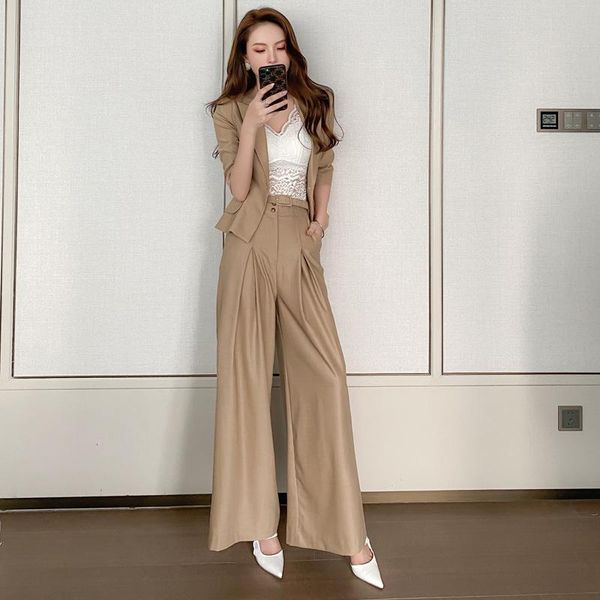 

women's two piece pants arrival comfortable 2 pieces women sets single button jacket and long loose work style elegant, White