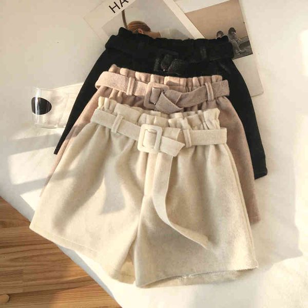 

short elegant cotton woolen women winter wild wide leg bud shorts girls high waist pants belt, White;black