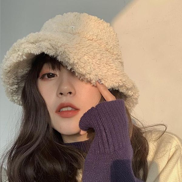 

wide brim hats winter autumn thick warm soft lamb wool women bucket hat solid color female ladies flat beanie bonnet, Blue;gray