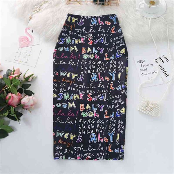 

womens pencil skirts letters printed graphic summer autumn high waist slit tube faldas woman stretch skirt female, Black