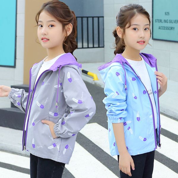 

baby girls coat 4-13 years old childrens jacket printed feather hooded trench coat childrens clothing kids jackets for girls, Blue;gray