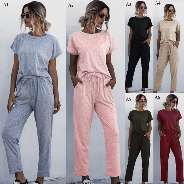 

women's tracksuits 2021 2pcs women summer set lounge wear short sleeve long pants sweat suits elastic waist casual solid, Gray