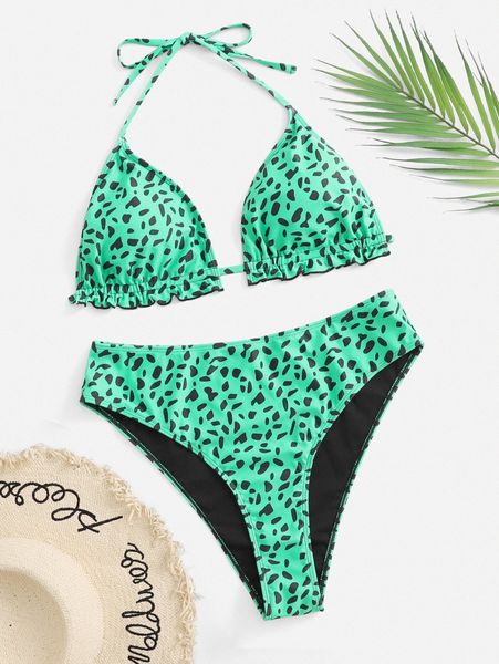 

plus dalmatian print lettuce trim halter bikini swimsuit h5z2#, Black