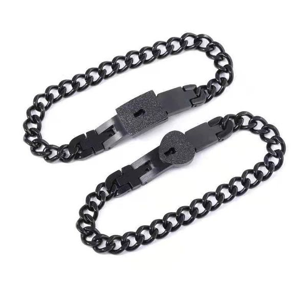 

link, chain couple titanium steel bracelet love heart lock creative set valentine's day jewelry gift, Black