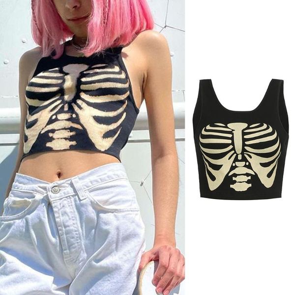 

women's tanks & camis q1qa women gothic punk sleeveless crop harajuku funny sternum breastbone print mini vest skeleton graphic slim sh, White