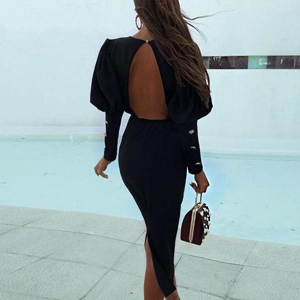 Casual Kleider Frauen Kleid 2021 Solide Puff Sleeve Backless Slit Open Back Lange Herbst Elegante Party Vestidos