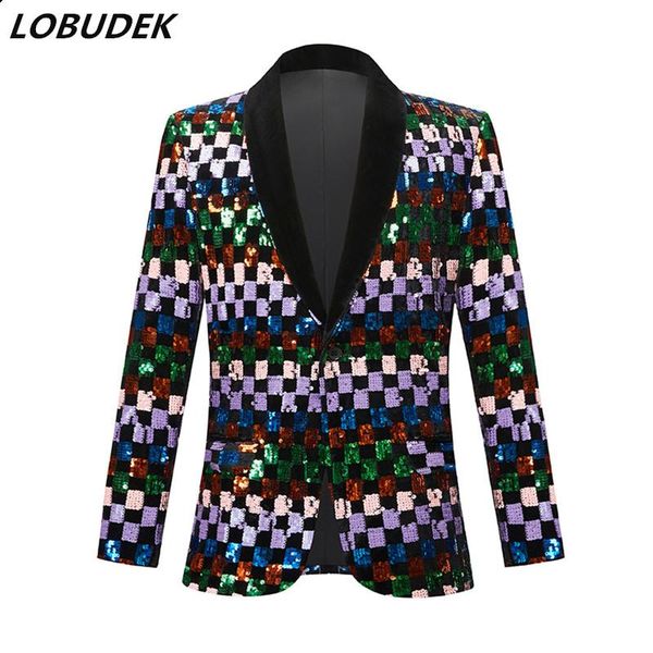 

men's suits & blazers bar stage male singer sequins blazer multi-color plaid velvet slim tuxedo stylish host performance suit jackets p, White;black