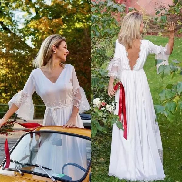 

2022 country wedding dresses bridal gown a line v neck lace applique tulle satin half sleeves sweep train custom made plus size vestido de n, White