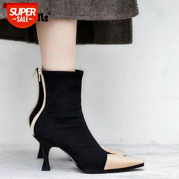 

winter stretch knitting ankle boots women high heels boots short plush pointed toe fashion women boots drop shipping #lx1g, Black