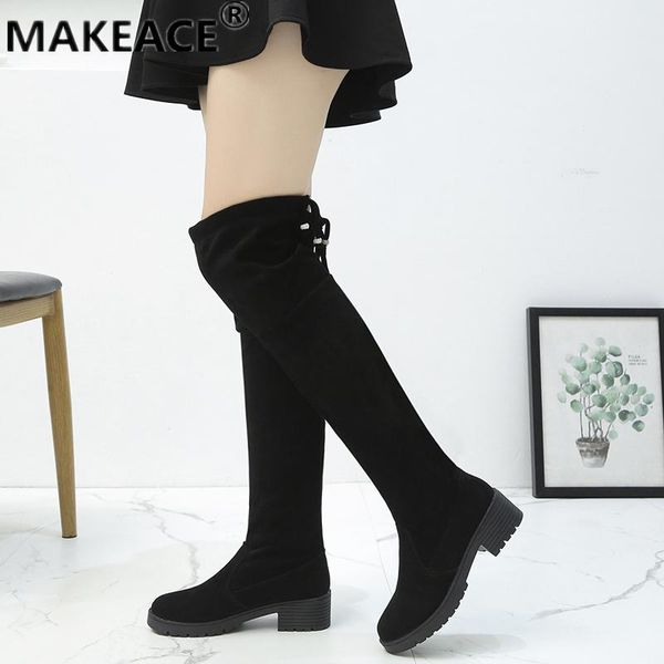 

boots winter women's suede knee socks short plush warm platform ins cool round head shoes womens, Black