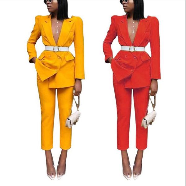 

fashion pants suit women 2021 notched long sleeve double breasted blazer jacket+pants office wear two piece set casual outfits women's, White
