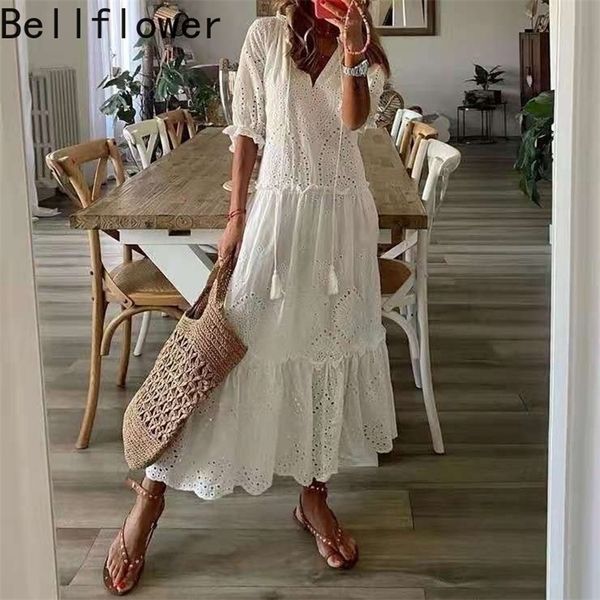 Weißes Maxi-Sommerkleid, elegante Kurzarm, aushöhlen, böhmische Kleider für Frauen, lockere Passform, V-Ausschnitt, lockeres Sommerkleid, Vestidos 220311