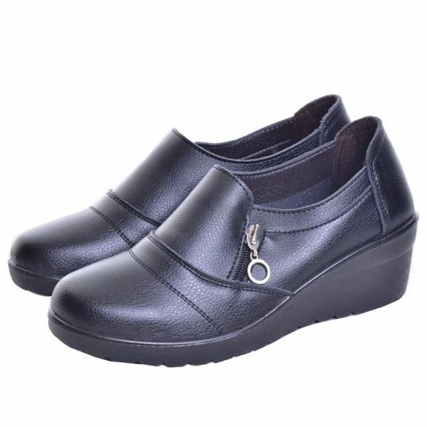 

boots women ankle 2021 autumn soft pu leather platform shoes woman zip low wedges size plus 35-41 563, Black