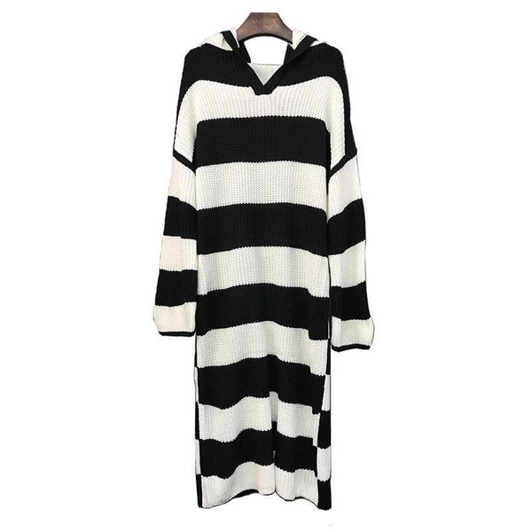 

perhaps u black white striped hooded winter autumn loose knitted brown long sleeve maxi long dress casual d0766 210529, Black;gray