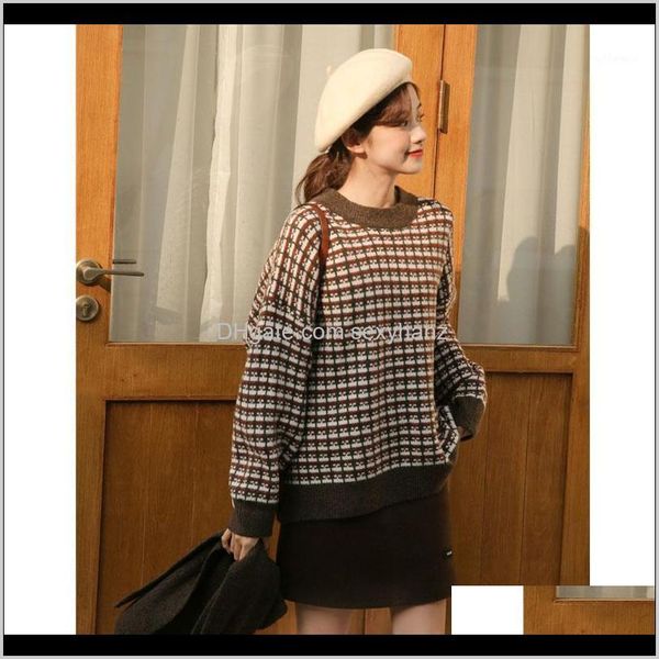 

sweaters clothing apparel drop delivery 2021 womens houndstooth print knitted autumn winter pullover female casual geometric lady warm loose, White;black