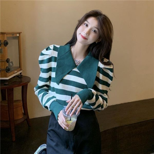 

women's sweaters 8040 autumn women knitted pullovers striped vintage long sleeve chic doll collar casual office ladies knitwear thin sw, White;black