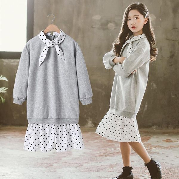 

girl's dresses girls dress autumn children long sleeve polka dot bow splicing sweatshirts for teen kids casual hoodies clothes, Red;yellow