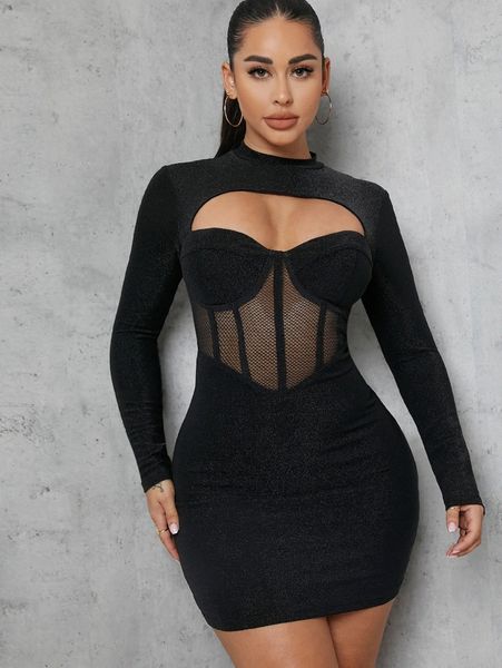 

binding detail sheer mesh panel bodycon mini dress v7ni#, Black;gray