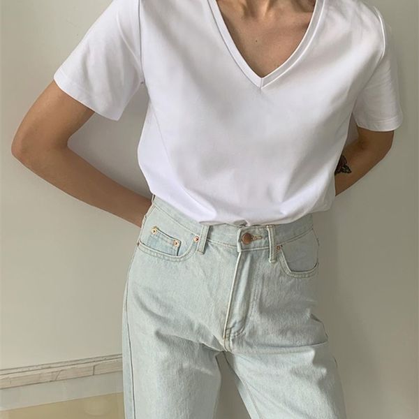 

hirsionsan 100% cotton summer t shirt women soft short sleeve v neck female tees basic kintwear harajuku tshirt for ladies, White