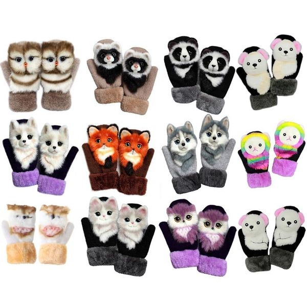 

five fingers gloves women men winter knitted cute 3d fluffy cartoon animal thermal mittens x5xa, Blue;gray