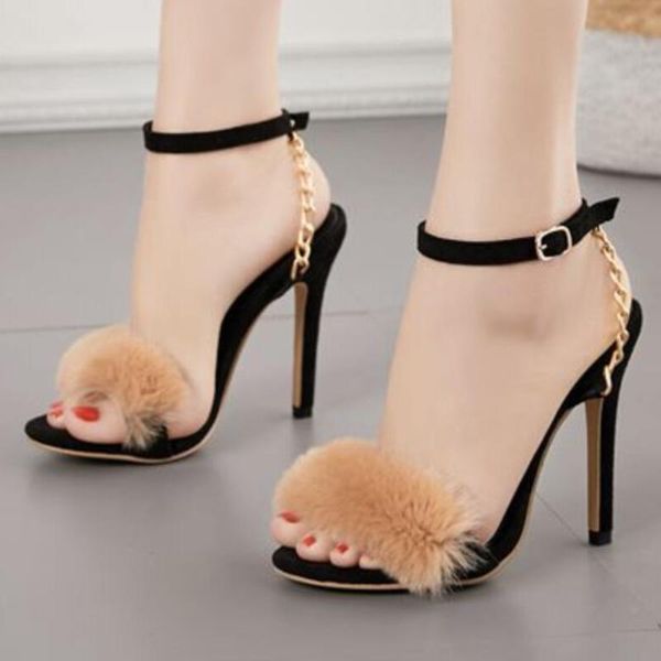

dress shoes women sandals flock buckle strap 11 cm thin heels high round toe shallow sandalias mujer 2021 size 35-42, Black