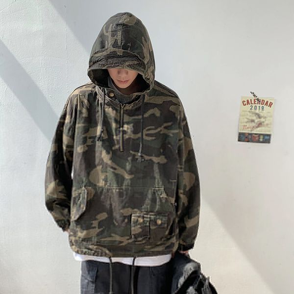 

downs spring and autumn japanese style hooded camouflage jacket military uniform casual fashion coat loose windbreaker, Black