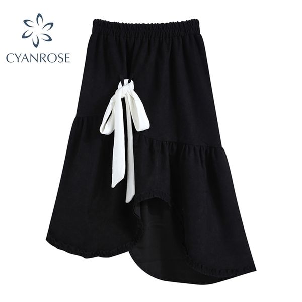 

draped black skirt or clothes loose bow design vintage hem irregular high waist elastic fashion skirts mujer street korean 210515