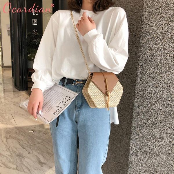 

fashion hexagon mulit style straw+pu bag handbags women summer rattan handmade woven beach bolsa feminina waist bags