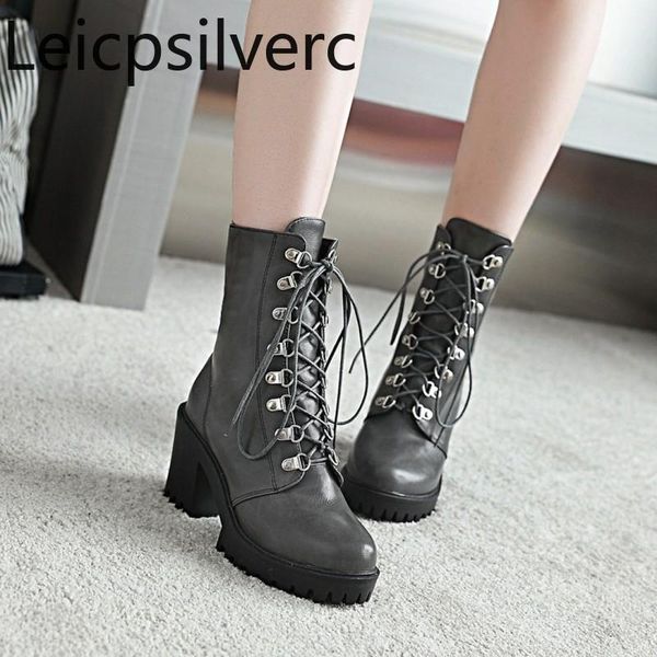 

boots spring and autumn the fashion round head lace up high heel middle tube women's shoes plus size 33-43 8cm, Black