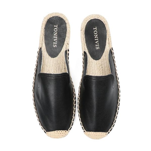 

slippers women's leather simple mule breathable flat espadrilles shoes, Black