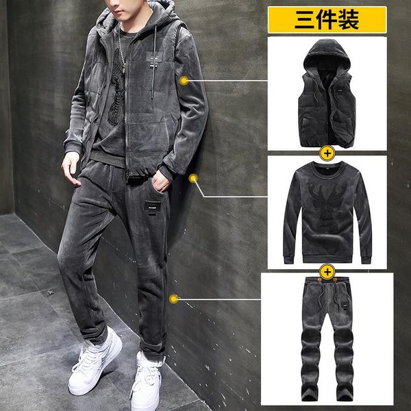 

men's tracksuits cashmere 3-piece sweater set korean fashion winter clothes thickening, Gray