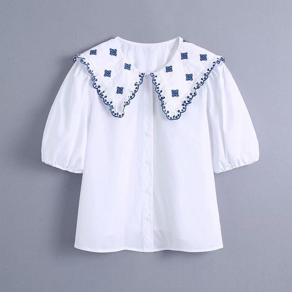 

fashion women lapel short sleeve loose t-shirt vintage sweet embroidered poplin chic female 210507, White