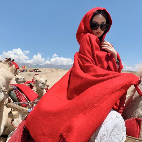 

scarves hooded shawl for fall/winter style cotton and linen cloak outdoor travel tourism po thickening warm chinese red, Blue;gray