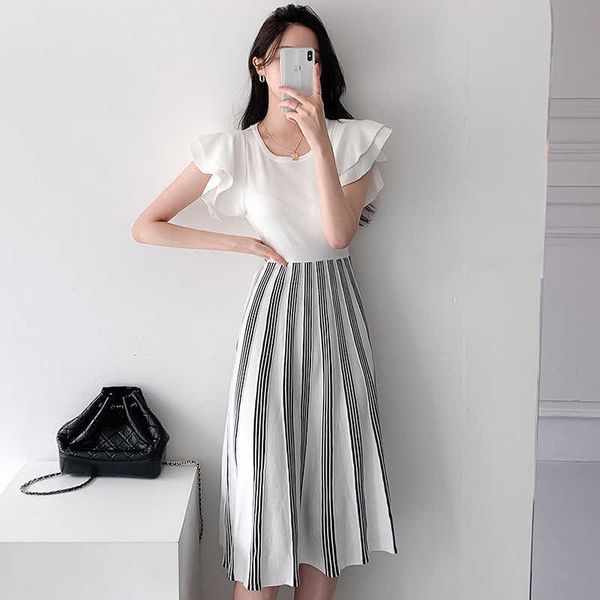 

chic korean temperament elegant o neck slim high waist double layer ruffled sleeves stitching contrast pleated knitted dress 210610, Black;gray