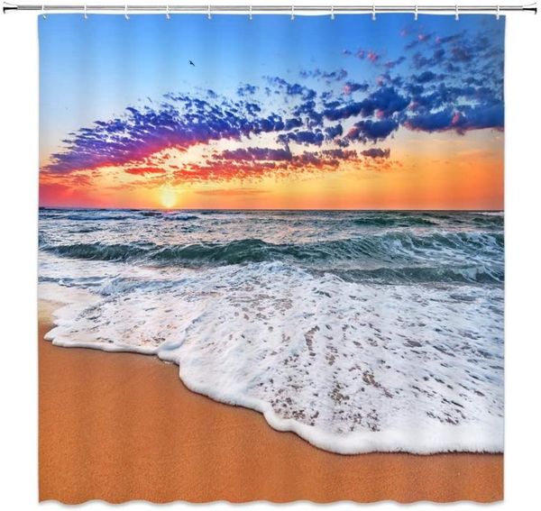 

beach sea wave scenery shower curtain sunset ocean theme pattern print bathroom decor supplies cloth hanging sets curtains