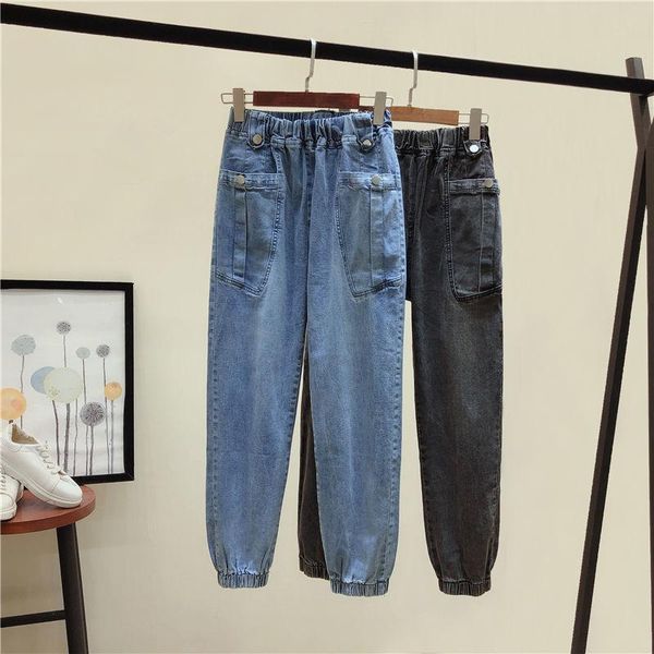 

women's jeans woman pants high waist loose summer overalls ankle length ankle-tied pantalones vaqueros mujer, Blue