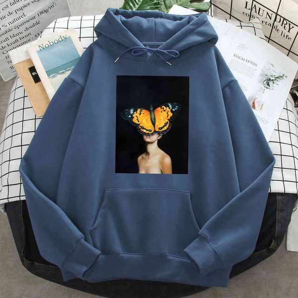 

butterfly beauty print men's hoodie wool cartoon hoodie collar street clothing animation hip hop fashion men's hoodie, Black