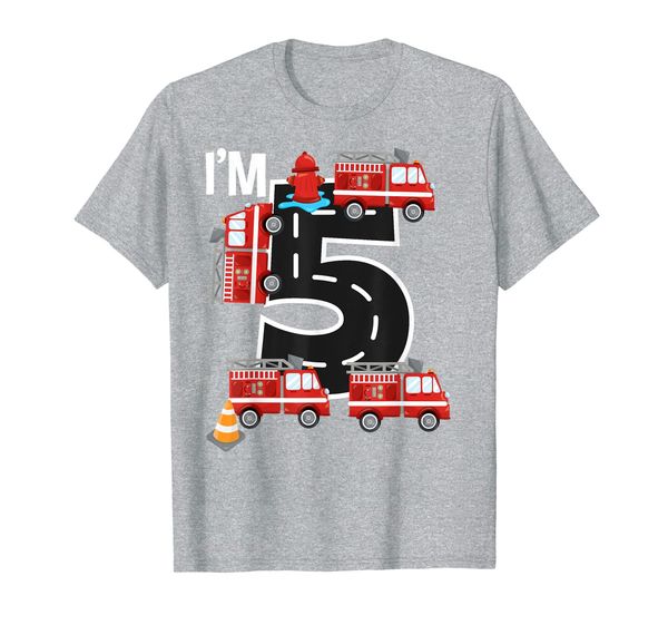 

i'm 5 birthday boy 5th bday fire truck firefighter number 5 t-shirt, White;black