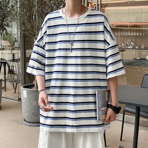 

summer o-neck striped t-shirt men korean fashion loose casual harajuku streetwear retro short-sleeved men's t-shirts, White;black