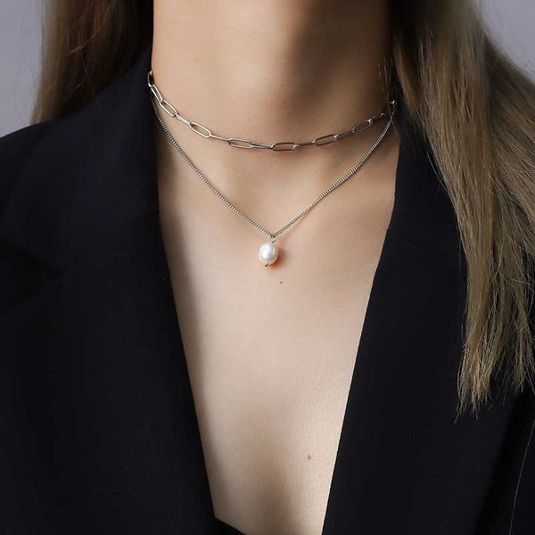 

wind necklace women's fashion niche freshwater pearl pendant multi-layer overlapping collarbone women, Silver