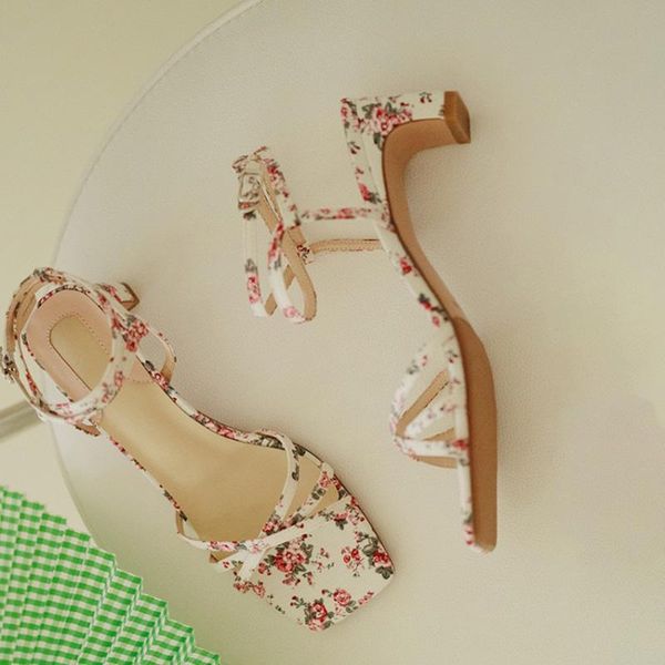 

sandals elegant floral print women ankle strap 5cm high heels summer outside travel shoe footwear black chic lady work sandalias