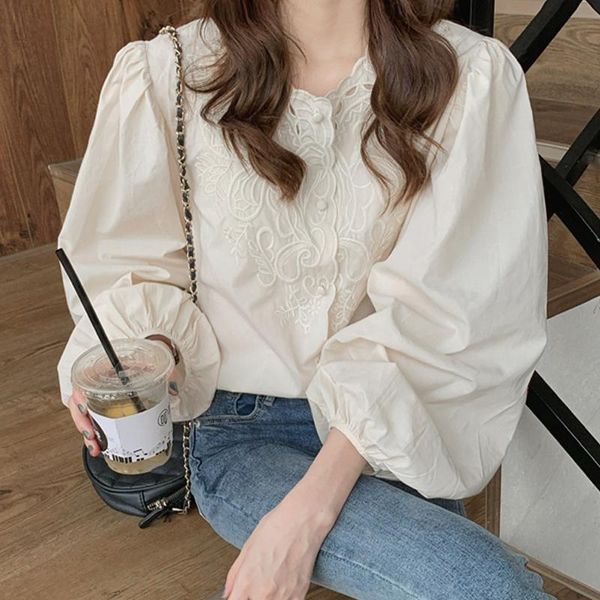 

women's blouses & shirts korean ins womens and hollow out embroidery sweet lentern long-sleeved lace shirt, White