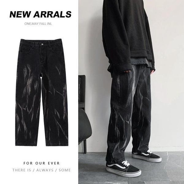

men's jeans icclek black tie-dye straight loose pants oversize high street biker men cargo, Blue